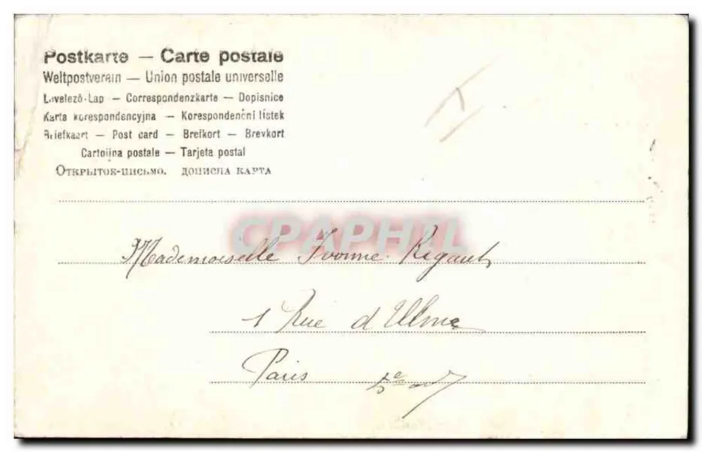 Fille en robe à motifs tenant un oiseau — scène de Noël — éditeur '779' et timbres 5 centimes - Rückseite