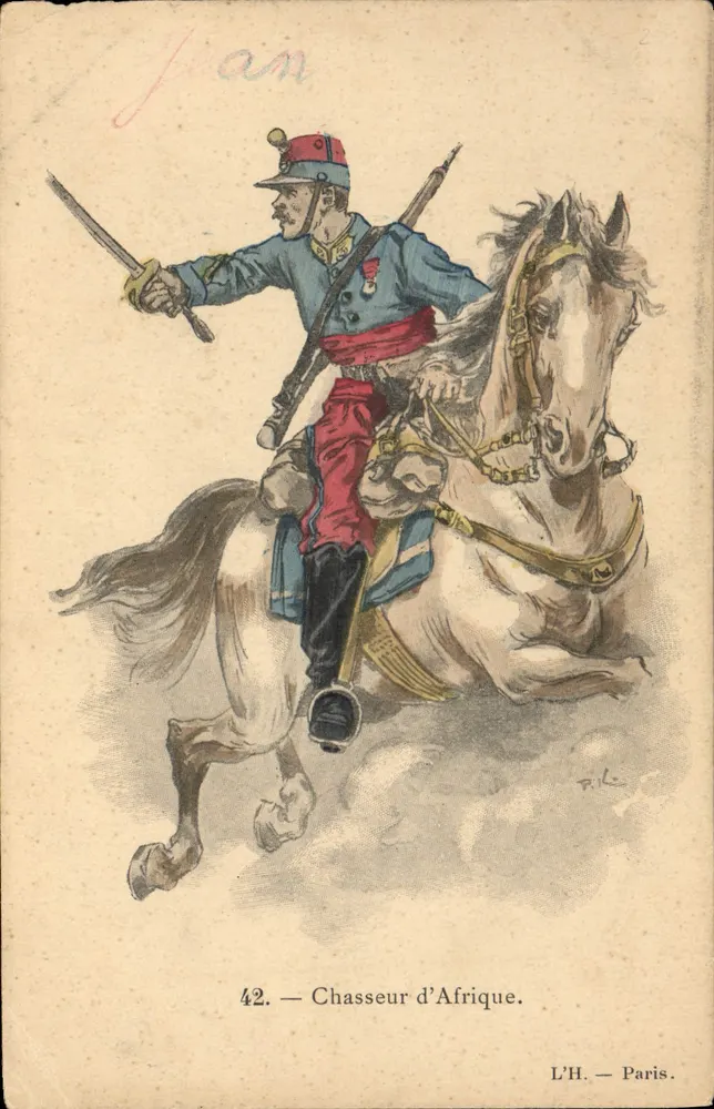 Chasseur d'Afrique — soldat à cheval — éditeur L'H. — Paris. N° 42. - Frente