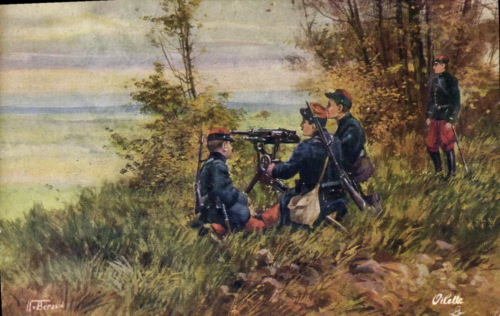Französische Soldaten, die eine Maschinengewehr betreiben — Französische Waffen — Verleger: Raphael Tuck & Fils, Paris — Nr. 14 - Vorderseite