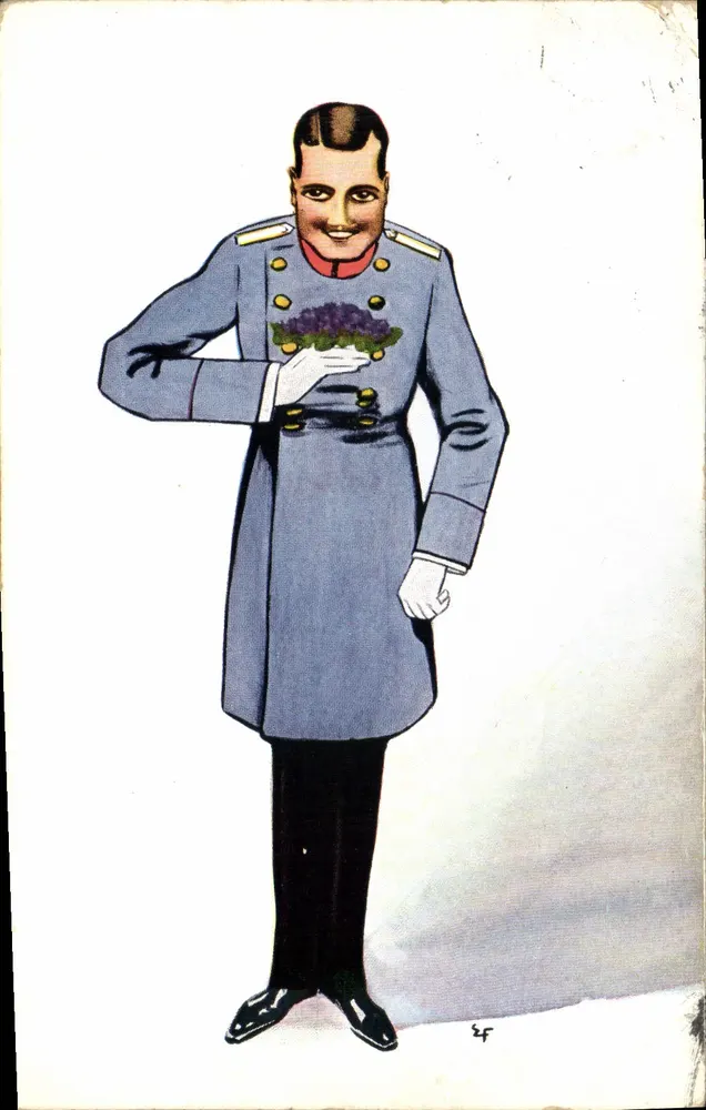 Soldado em uniforme azul — buquê de cachos de uva — desenho assinado 'SF' — série Nr. 884 - Frente