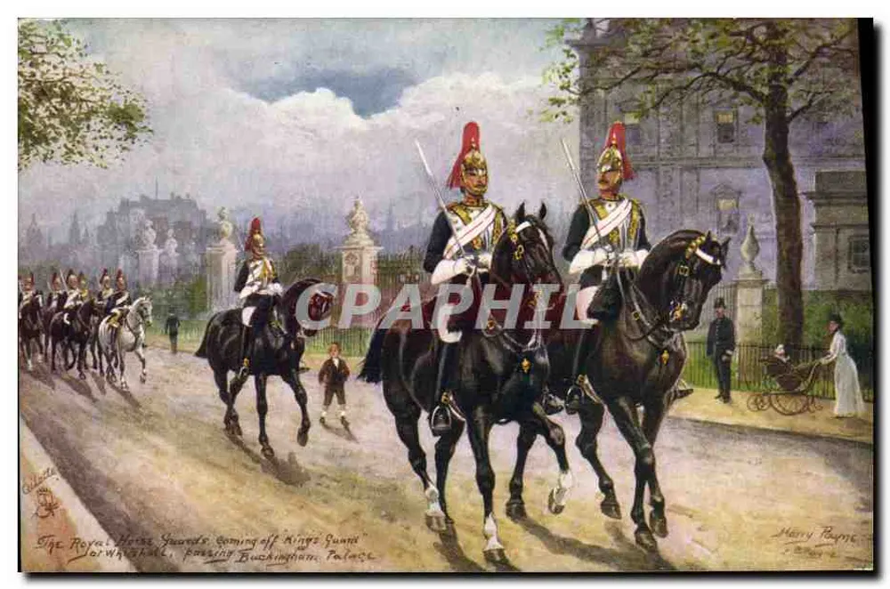 Los Royal Horse Guards, saliendo de la 'King's Guard' pasando por delante del Palacio de Buckingham — Harry Payne — Tuck's Post Card, Serie II - Anverso