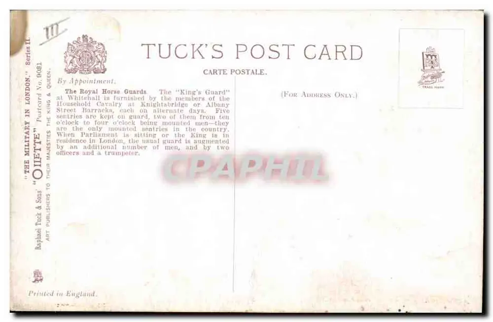 Los Royal Horse Guards, saliendo de la 'King's Guard' pasando por delante del Palacio de Buckingham — Harry Payne — Tuck's Post Card, Serie II - Reverso