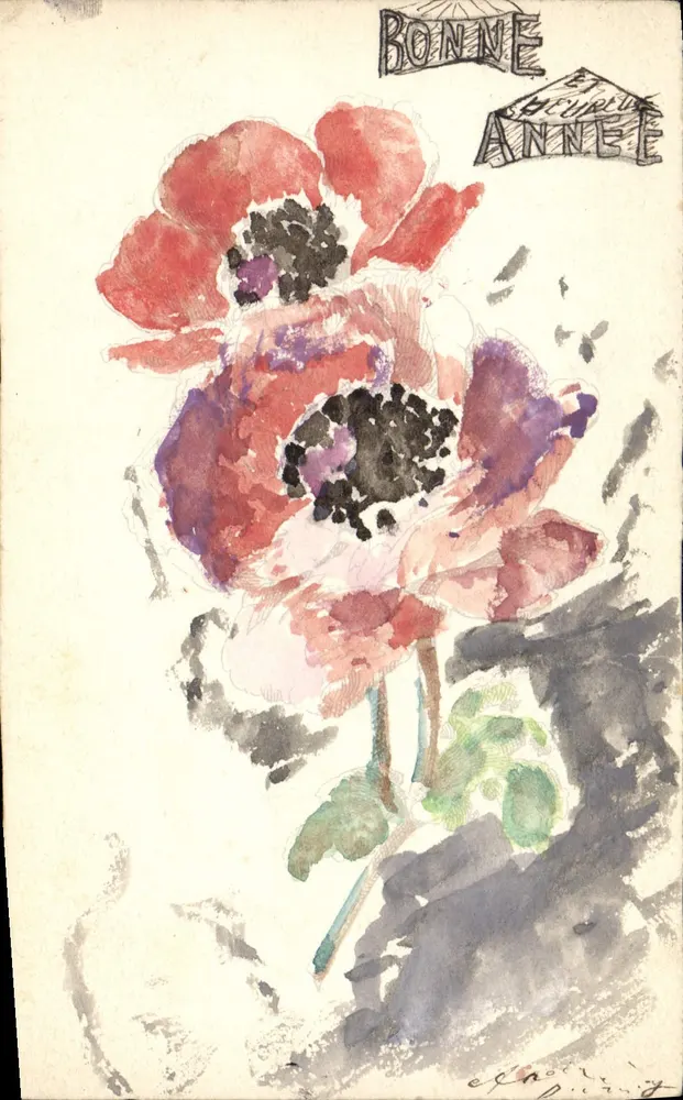 Rote Anemonen — Aquarellzeichnung — Signiert 'E. Denny' - Vorderseite