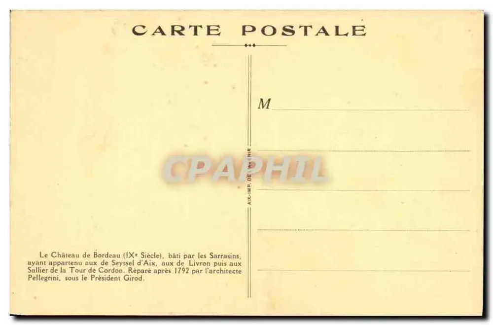 Castelo de Bordeau — Século IX, reparado em 1792 — editor Aix-Impr. de l'Air - Verso