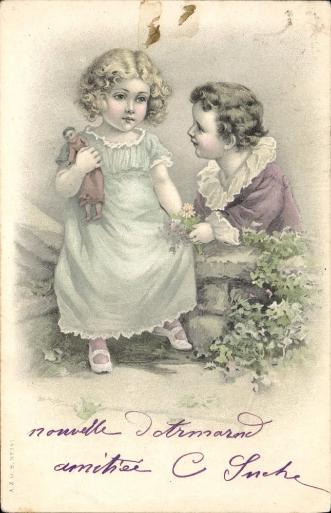 Deux enfants jouant — scène de jardin — éditeur A.M.B. N°741 - Vorderseite