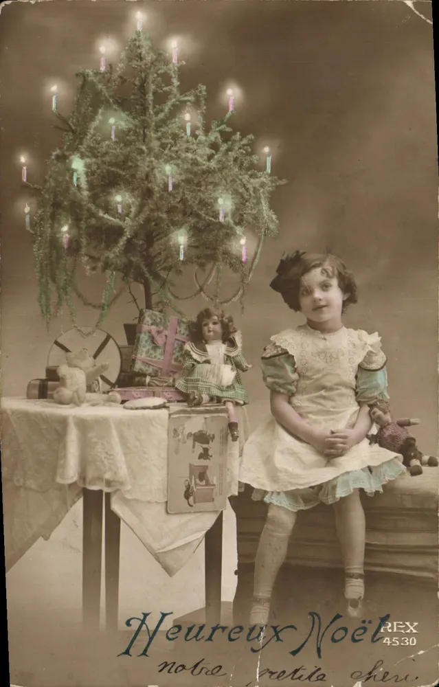 Petite fille devant un arbre de Noël — scène de Noël avec jouets — éditeur REX n°4530 - Vorderseite