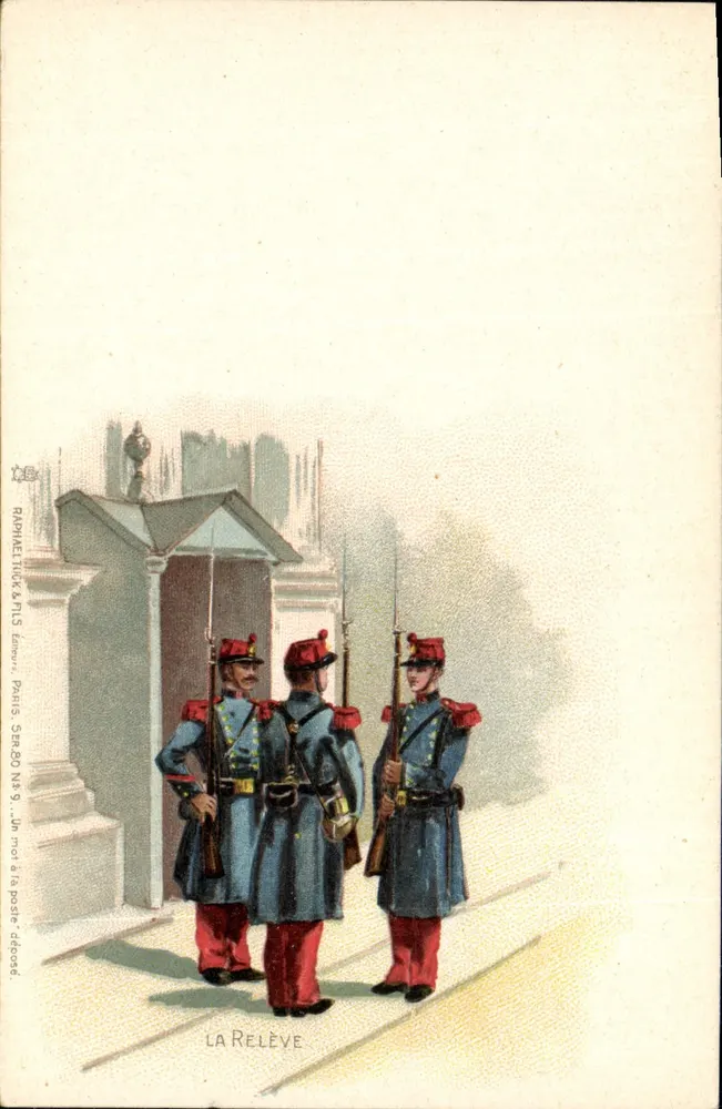 La Relève — Soldados em uniforme de parada — Raphael Tuck & Sons, Paris, série 80 n° 9 - Frente