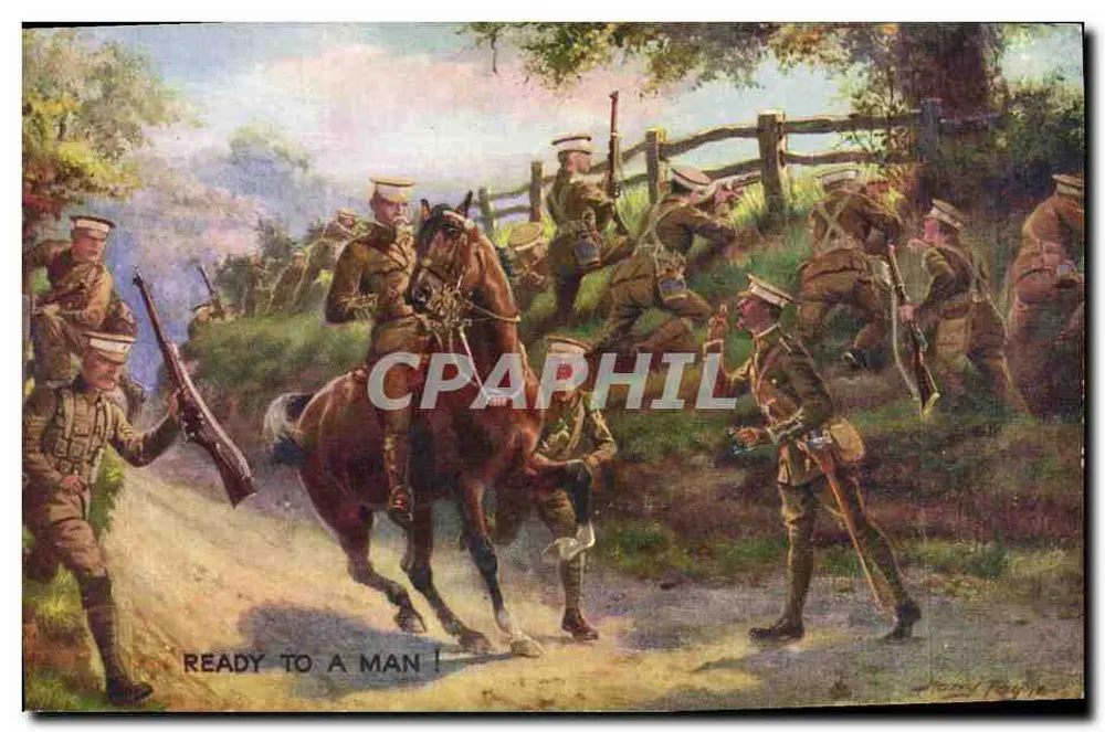 Soldados em marcha — 'READY TO A MAN!' — Tuck's Post Card n°8721 - Frente