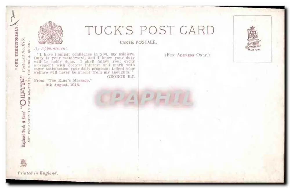 Soldados em marcha — 'READY TO A MAN!' — Tuck's Post Card n°8721 - Verso