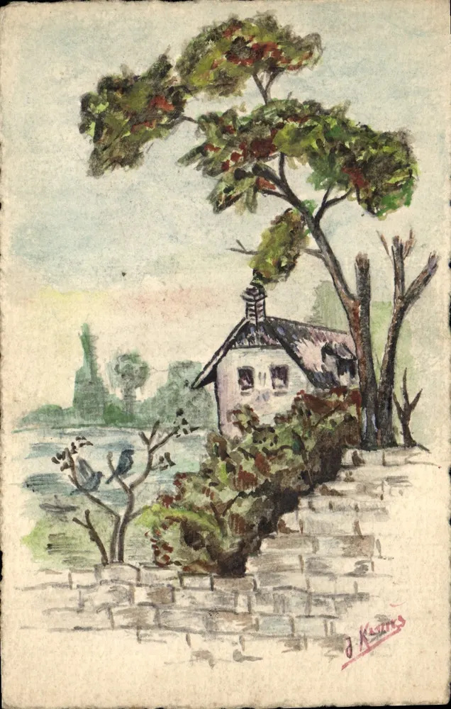 Landschaft mit Haus und Kiefer — Aquarellzeichnung — J. Kazins - Vorderseite