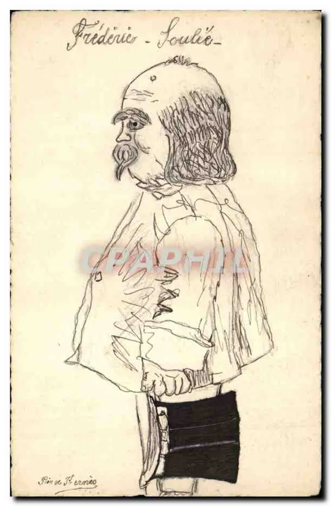 Karikatur von Frédéric Soulié — Bleistiftzeichnung — unterschrieben von 'Pini de H. Larnèo' - Vorderseite