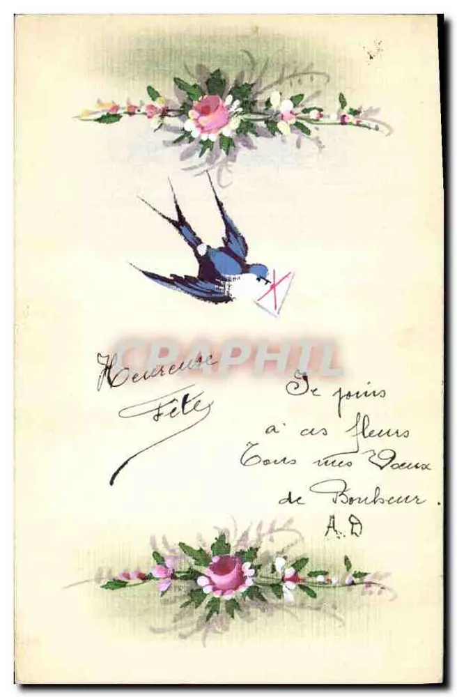Blaues Vogel mit Brief — Feier — A.D. de Boubaucour - Vorderseite