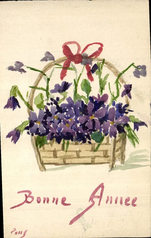 Büschel Violetter Blumen in einem Korb — Frohe Neujahr — Ponss - Vorderseite