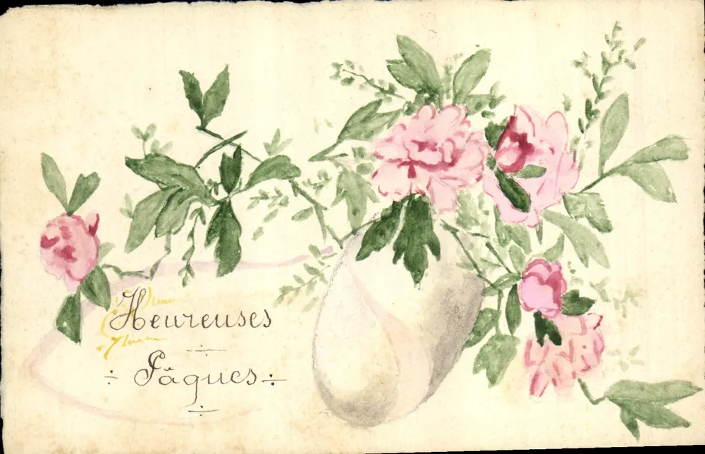 Blumen — rosa Pfingstrosen in einer Vase — Ansichtskarte - Vorderseite