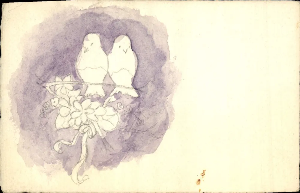 Dois pássaros em um ninho — ilustração aquarelada e a lápis — sem editor ou número visível - Frente