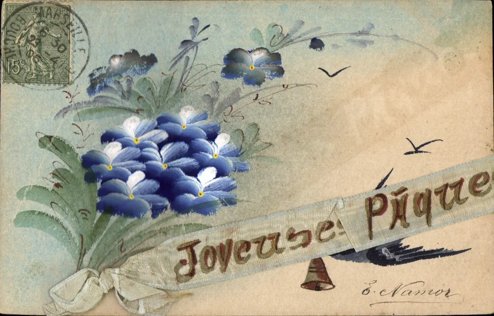 Blaue Blumen und Vögel — Joyeuse Piquée — É. Namor - Vorderseite