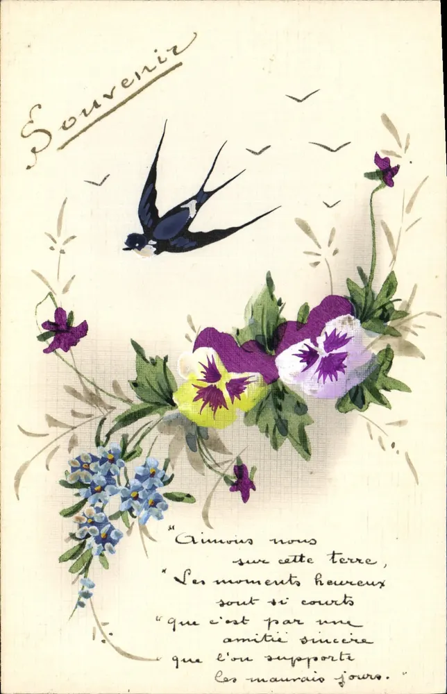 Vögel und Blumen — Erinnerung — Französische Ansichtskarte - Vorderseite