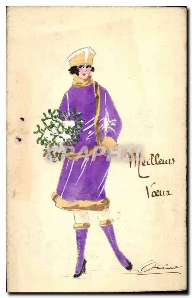 Frau in violettem Kleid mit Blumenstrauß — Beste Grüße — Signiert Oceius - Vorderseite