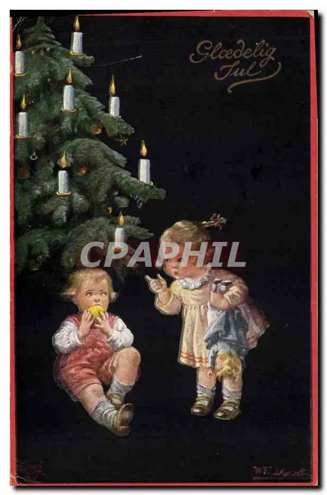 Zwei Kinder neben einem Weihnachtsbaum — Glædelig Jul — Verlag Primus, Nr. 1194 - Vorderseite