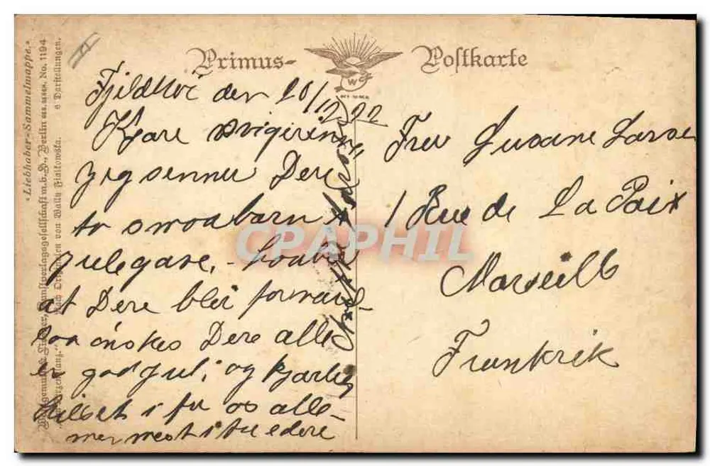 Zwei Kinder neben einem Weihnachtsbaum — Glædelig Jul — Verlag Primus, Nr. 1194 - Rückseite