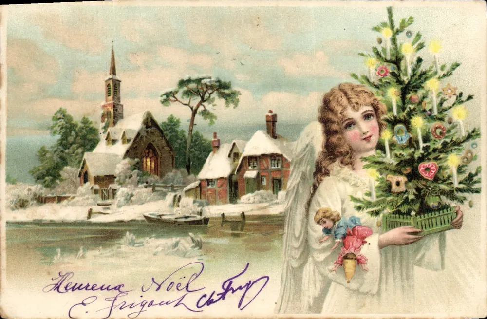 Engel mit Weihnachtsbaum — schneegestraßter Dorf mit Kirche — Verlag Union postale universelle, n°2 - Vorderseite