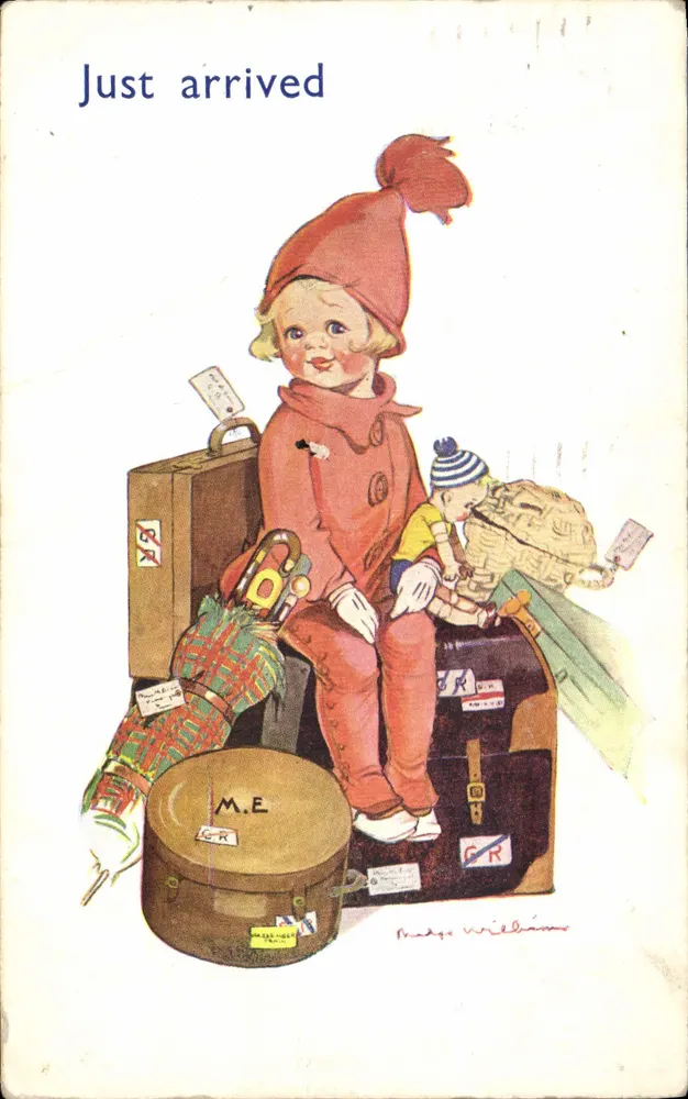 Enfant arrivant — illustration d'un enfant en tenue d'hiver assis sur une valise — dessiné par Marge William - Vorderseite