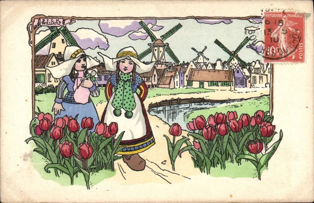 Zwei junge Mädchen in traditioneller niederländischer Kleidung — Tulpen und Windmühlen — Verlag Philip, n° 306 - Vorderseite