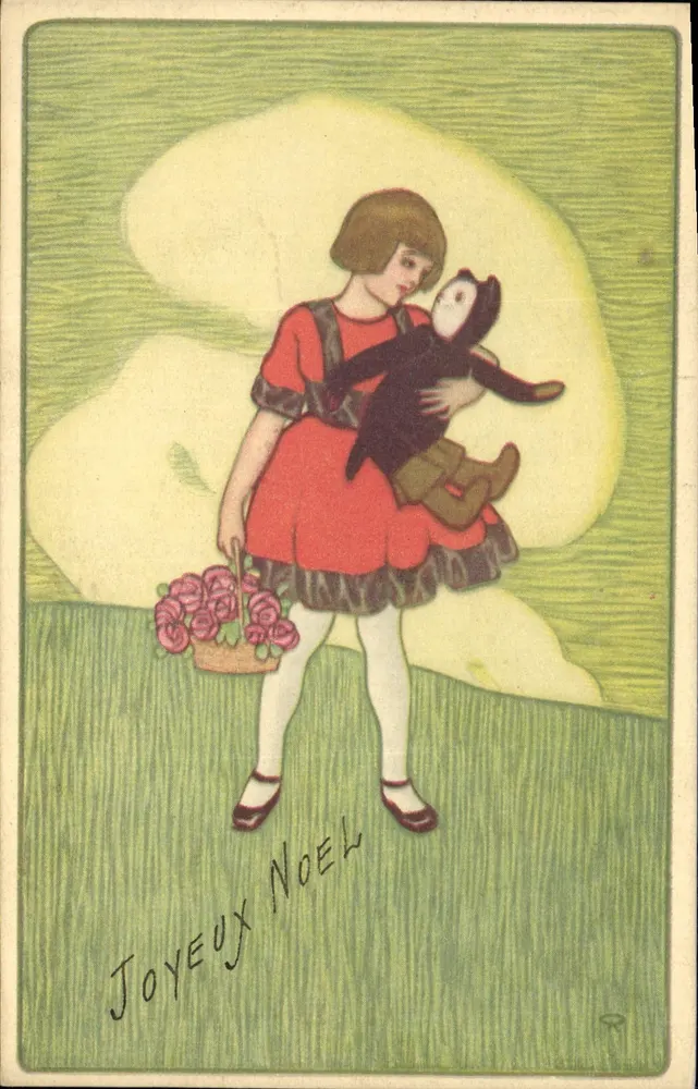 Mädchen mit einer Katze und einem Rosenkorb — Frohe Weihnachten — italienische Druckerei - Vorderseite