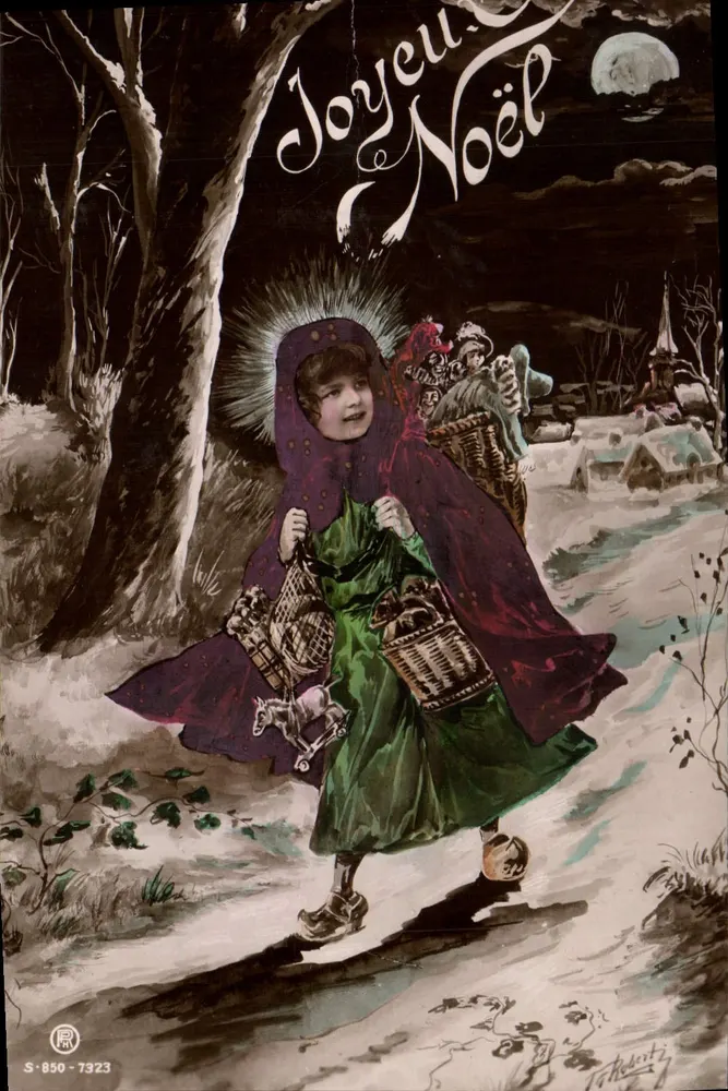 Kind in roter Cape mit Körben — Frohe Weihnachten — Verlag S·850-7323 - Vorderseite
