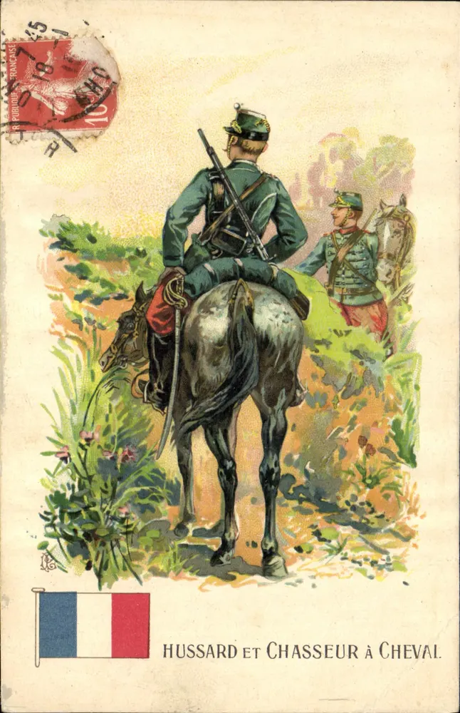 Hussard et Chasseur à Cheval — illustration militaire française — éditeur R. PUBLIOP-FRANCASIA - Vorderseite