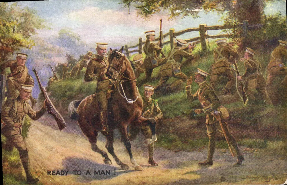 Soldados em marcha — 'READY TO A MAN!' — Tuck's Post Card, série 'Our Territorials' n° 8751 - Frente