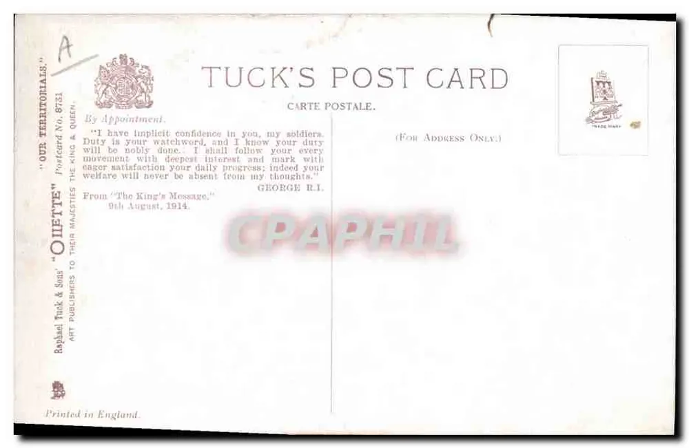 Soldados em marcha — 'READY TO A MAN!' — Tuck's Post Card, série 'Our Territorials' n° 8751 - Verso