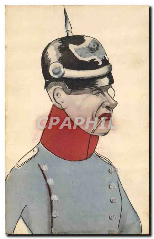Soldado alemão caricaturado — uniforme azul, colar vermelho, capacete pontudo — Camille Cain, Nancy - Frente