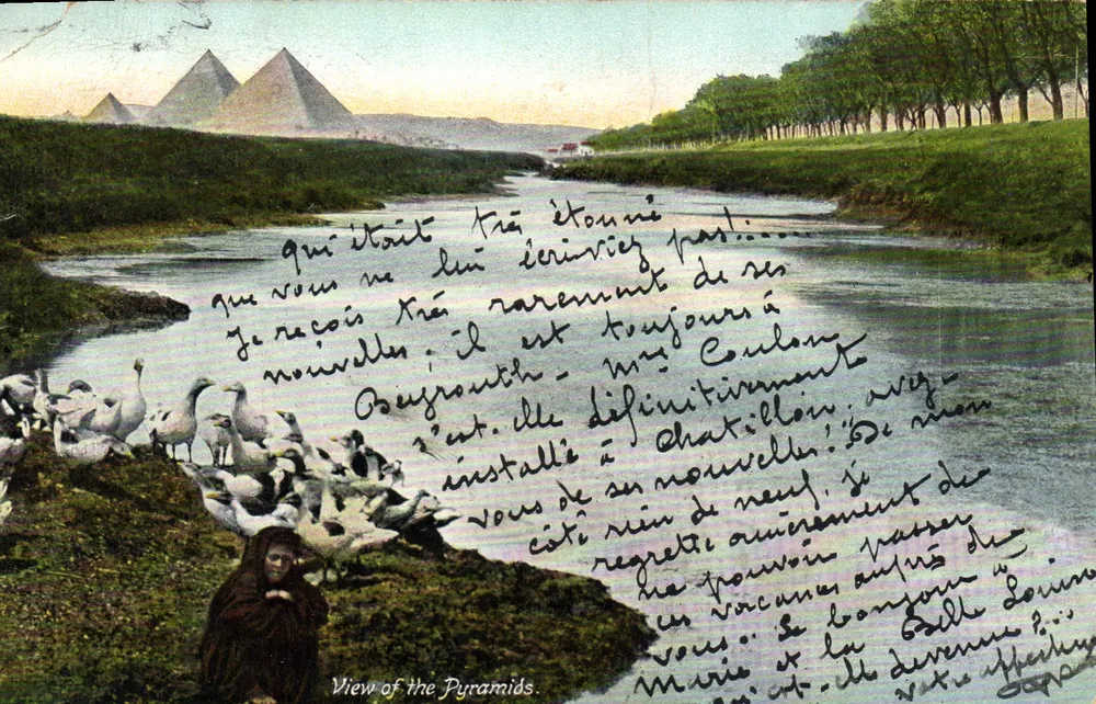 Widok na Piramidy — Egipcja — Wydawca: Ephrémios Bracia, Port Said - Awers