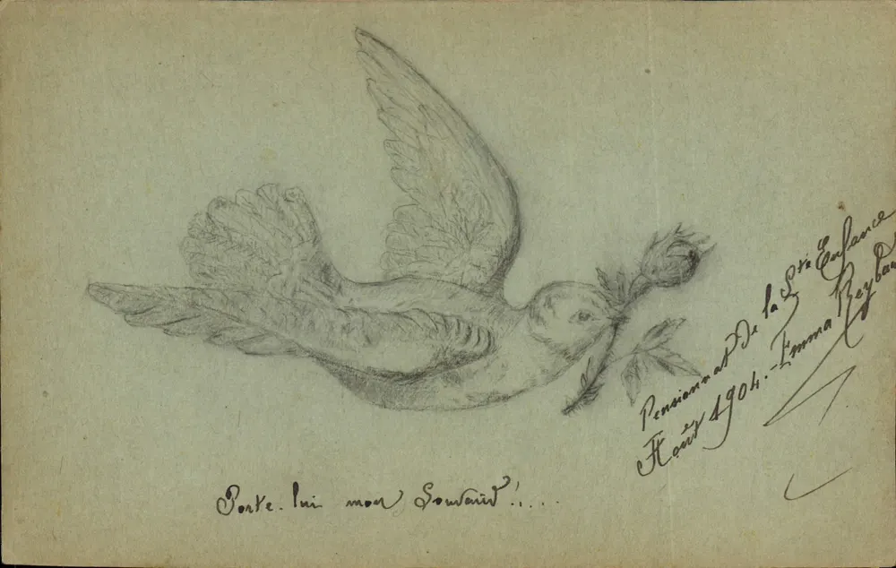 Taube mit Blütenzweig — Pensionnat de la Sainte Enfance — datiert Februar 1904 — unbekannter Verlag - Vorderseite