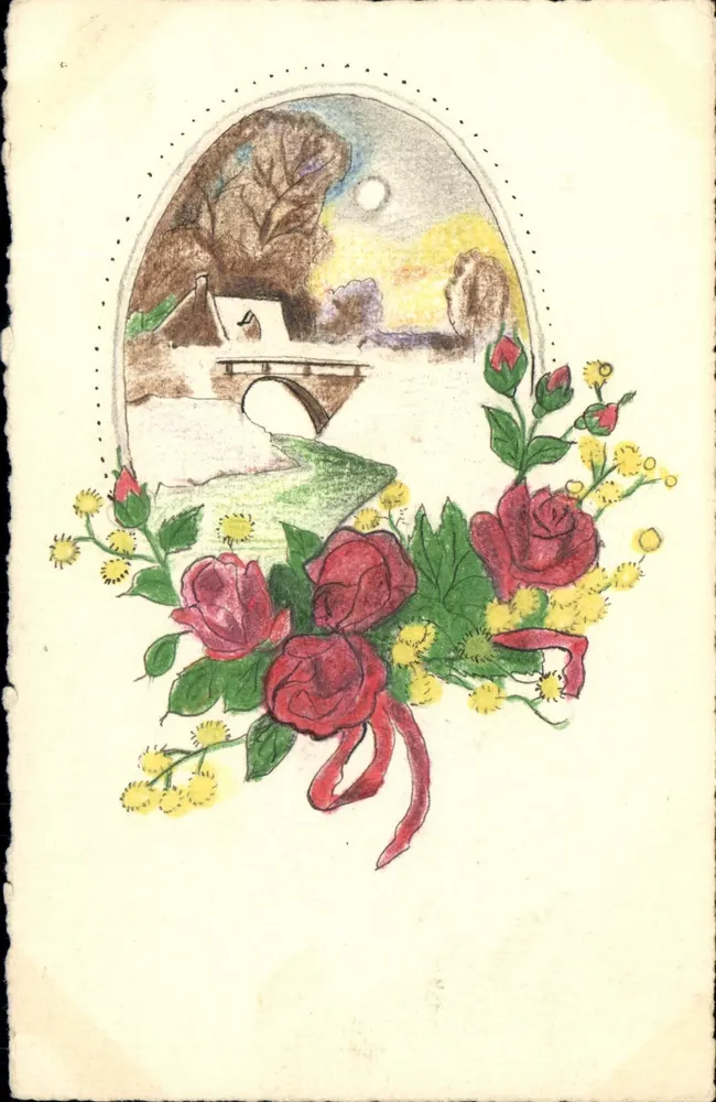 Landschaft mit Brücke — Blumenverzierung — Ansichtskarte - Vorderseite