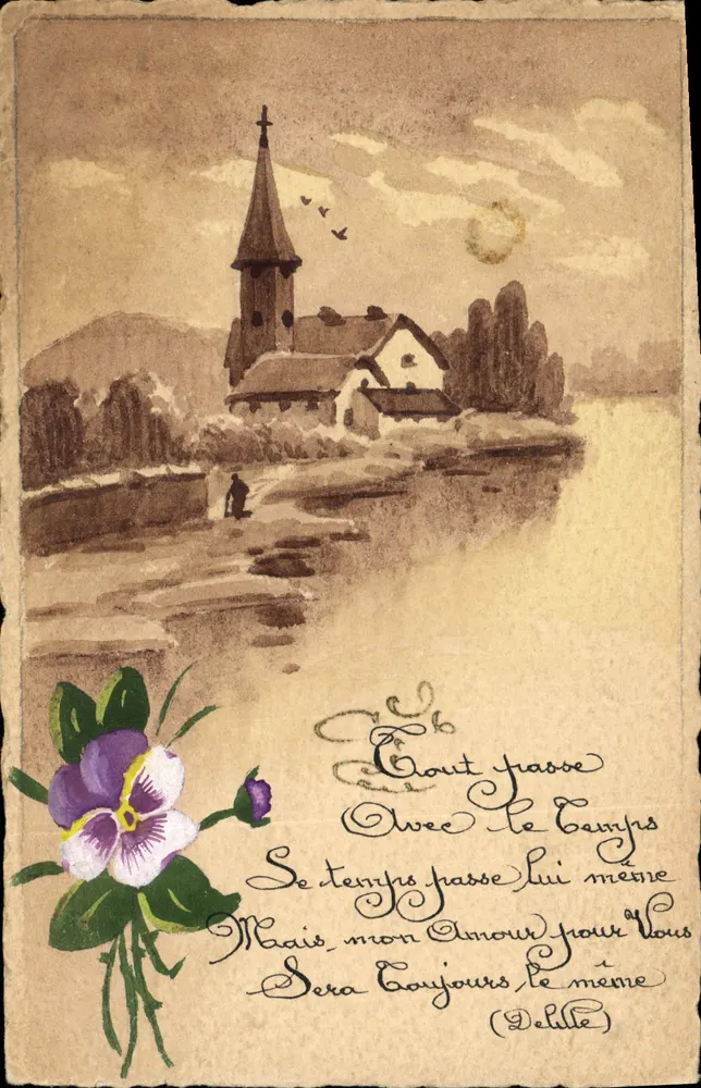 Église au bord d'un lac — illustration à l'aquarelle — éditeur non identifié - Recto