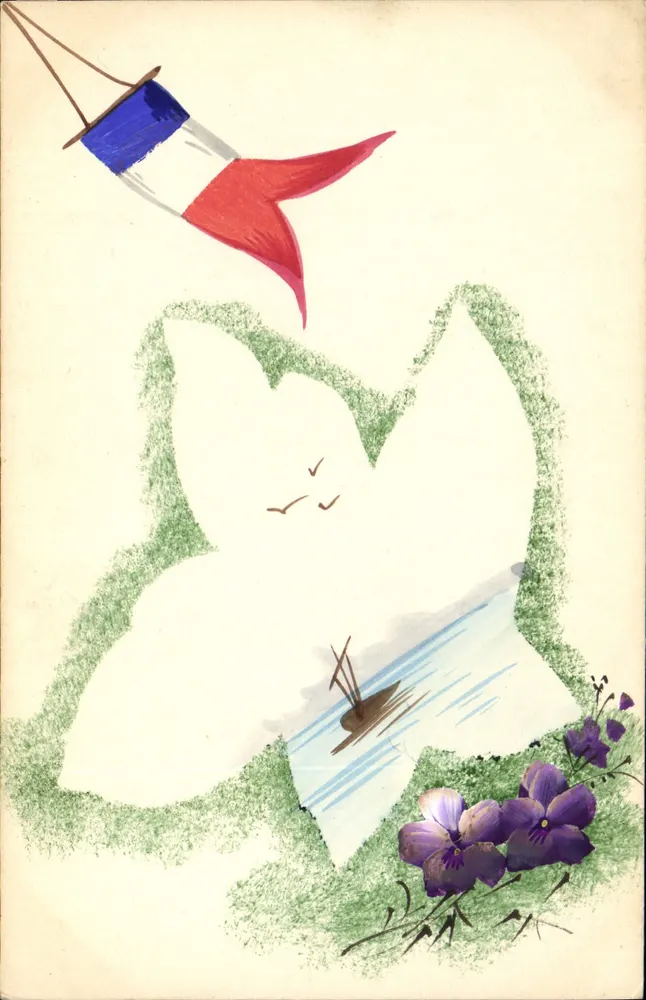 Barco en un lago — con bandera francesa y violetas — n.º III - Anverso