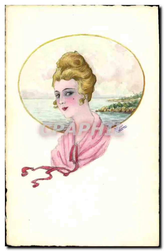 Junge Frau in einem rosa Kleid — maritimer Landschaft im Hintergrund — Verlag Graphie - Vorderseite