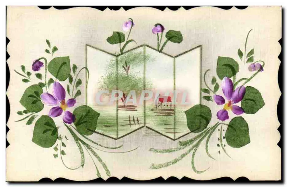 Violette — Blumendekor mit Landschaft im Hintergrund — Verlag nicht sichtbar - Vorderseite