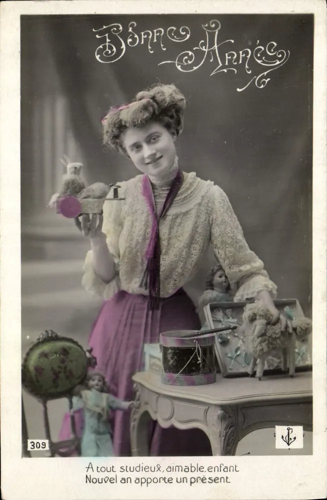 Frau mit Spielzeugen — Frohes Neues Jahr — Anonymer Verlag, Nr. 309 - Vorderseite
