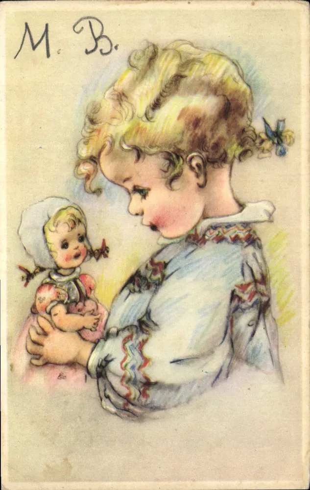 Kleine Mädchen mit Puppe — farbige Illustration — Verlag E. B. (Unterschrift sichtbar) - Vorderseite