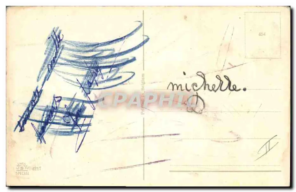 Kleine Mädchen mit Puppe — farbige Illustration — Verlag E. B. (Unterschrift sichtbar) - Rückseite