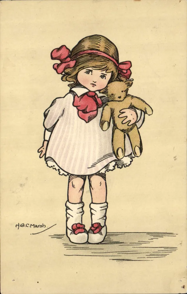 Mädchen mit einem Stoffbären — signiertes Zeichnung von H.G.C. Marsh — Verlag B. Daguerre, Nr. 410 - Vorderseite