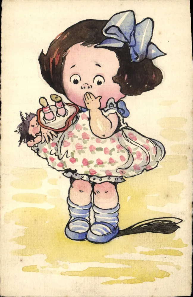Fille tenant une poupée — illustration en aquarelle — éditeur non visible - Vorderseite