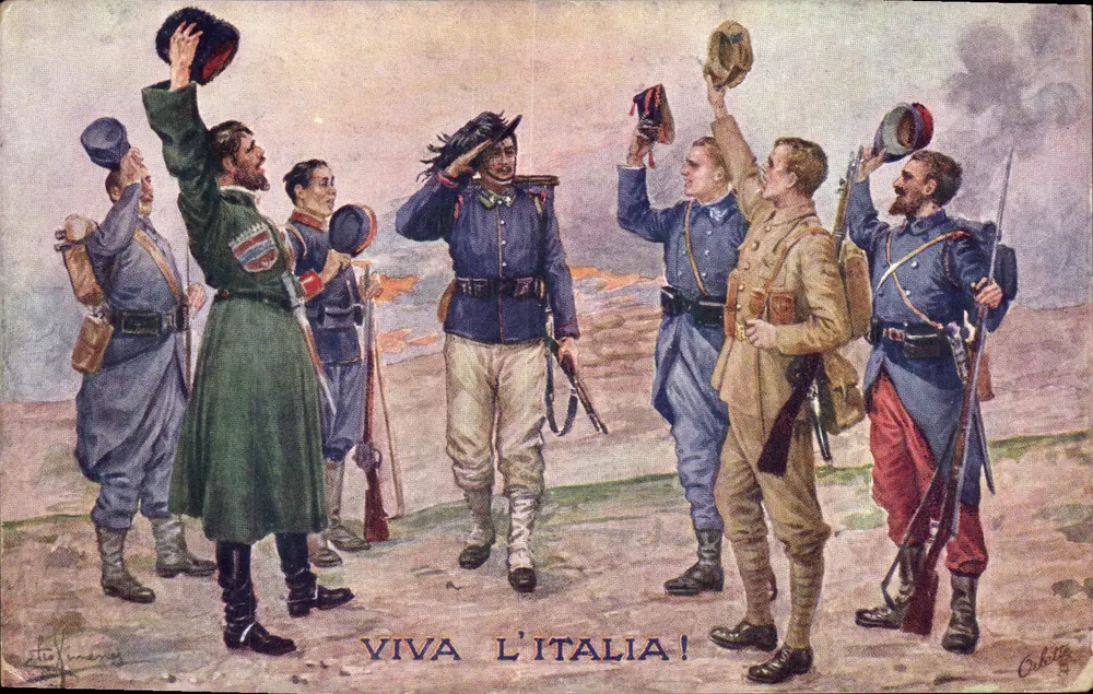 Soldados italianos e aliados — Viva l'Italia! — Tuck's Post Card n°8795 - Frente