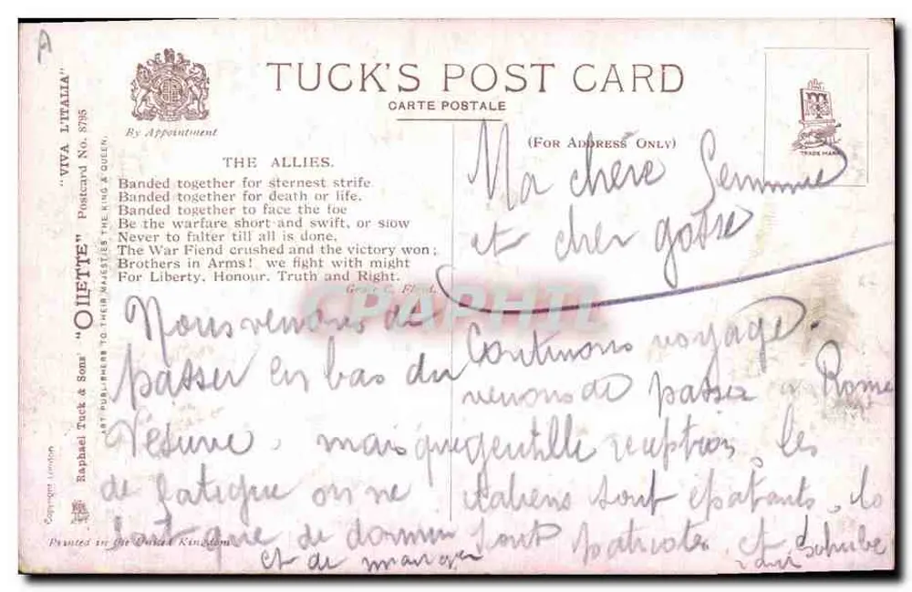 Soldados italianos e aliados — Viva l'Italia! — Tuck's Post Card n°8795 - Verso