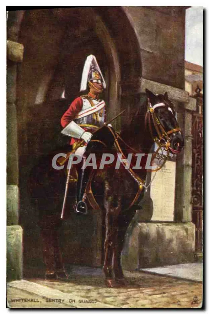 Whitehall, sentry on guard — cavalier en uniforme rouge et casque blanc à l'entrée d'un arc de pierre — éditeur Tuck & Sons - Frente