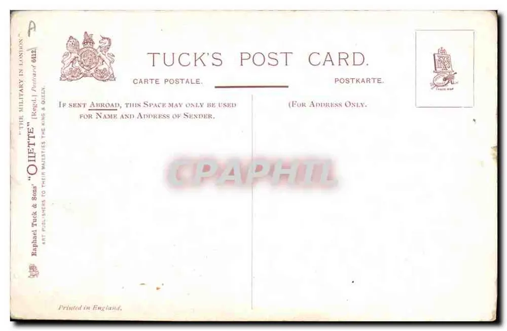 Whitehall, sentry on guard — cavalier en uniforme rouge et casque blanc à l'entrée d'un arc de pierre — éditeur Tuck & Sons - Verso
