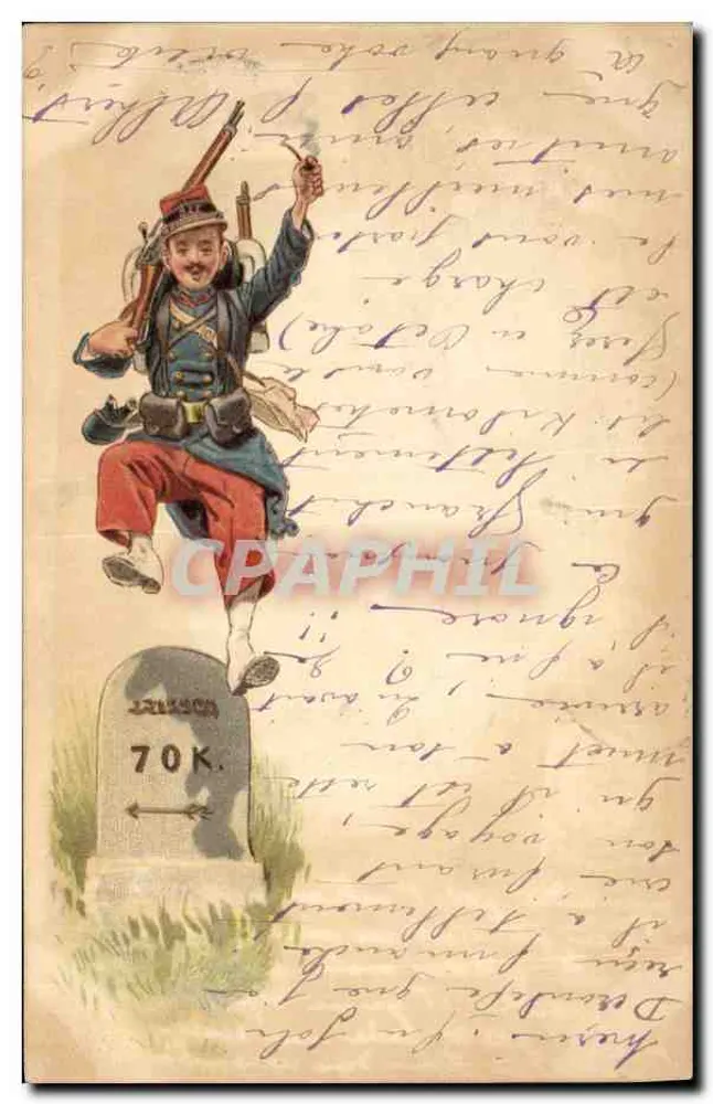 Soldado em uniforme azul e vermelho — sobre um monumento marcando '70 K.' — editor não visível - Frente